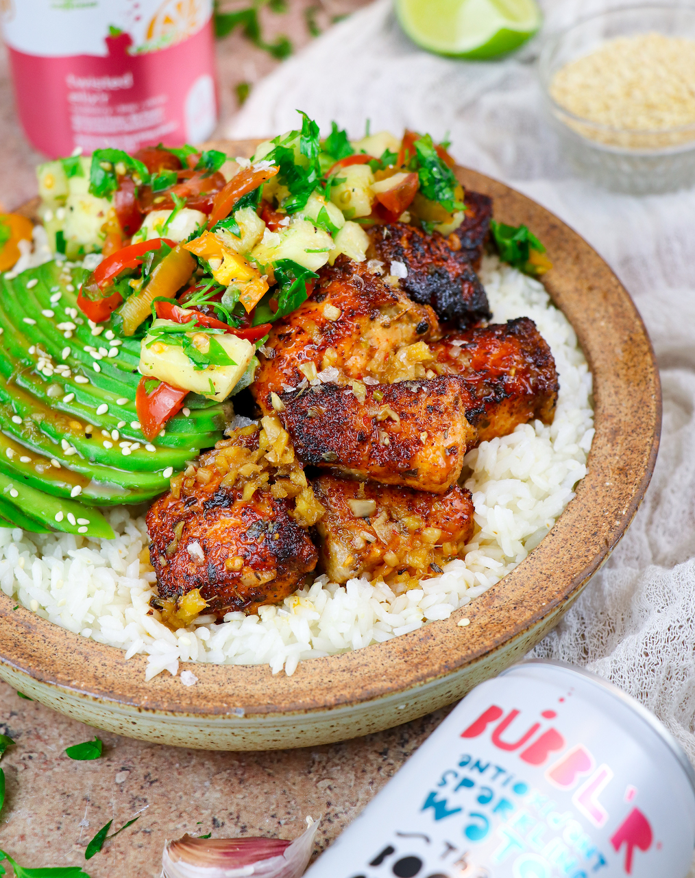 Blackened Salmon Bites Power Bowl with Ginger Glaze